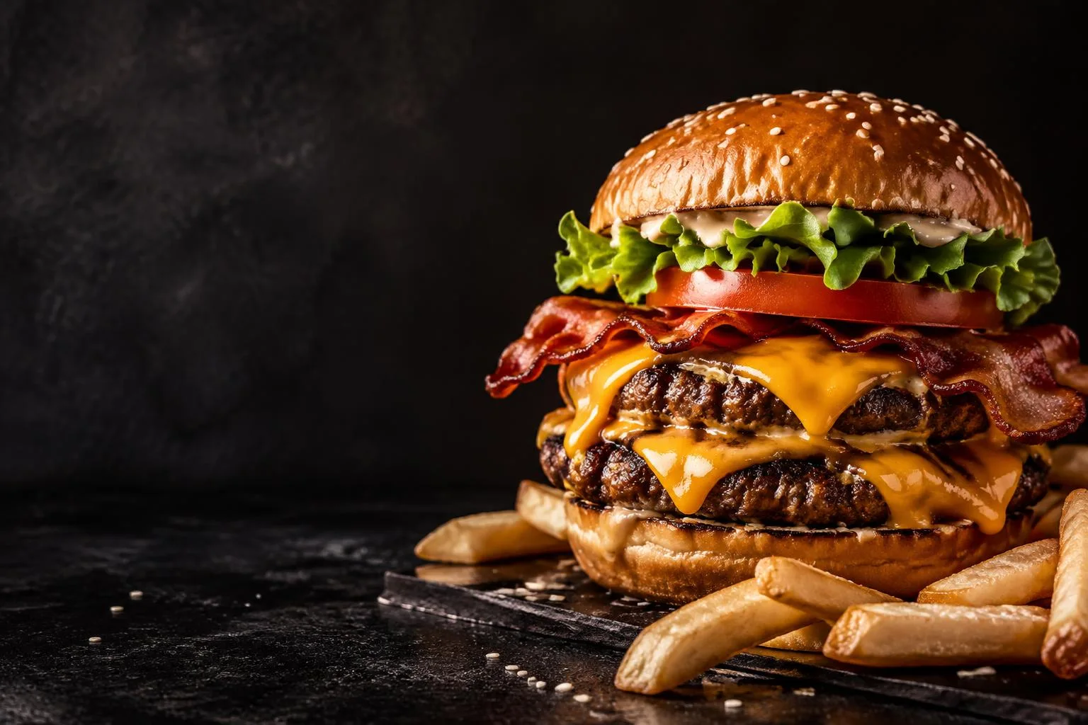 Hamburguesa grande y jugosa con doble carne, cheddar, bacon y papas · imagen ilustrativa