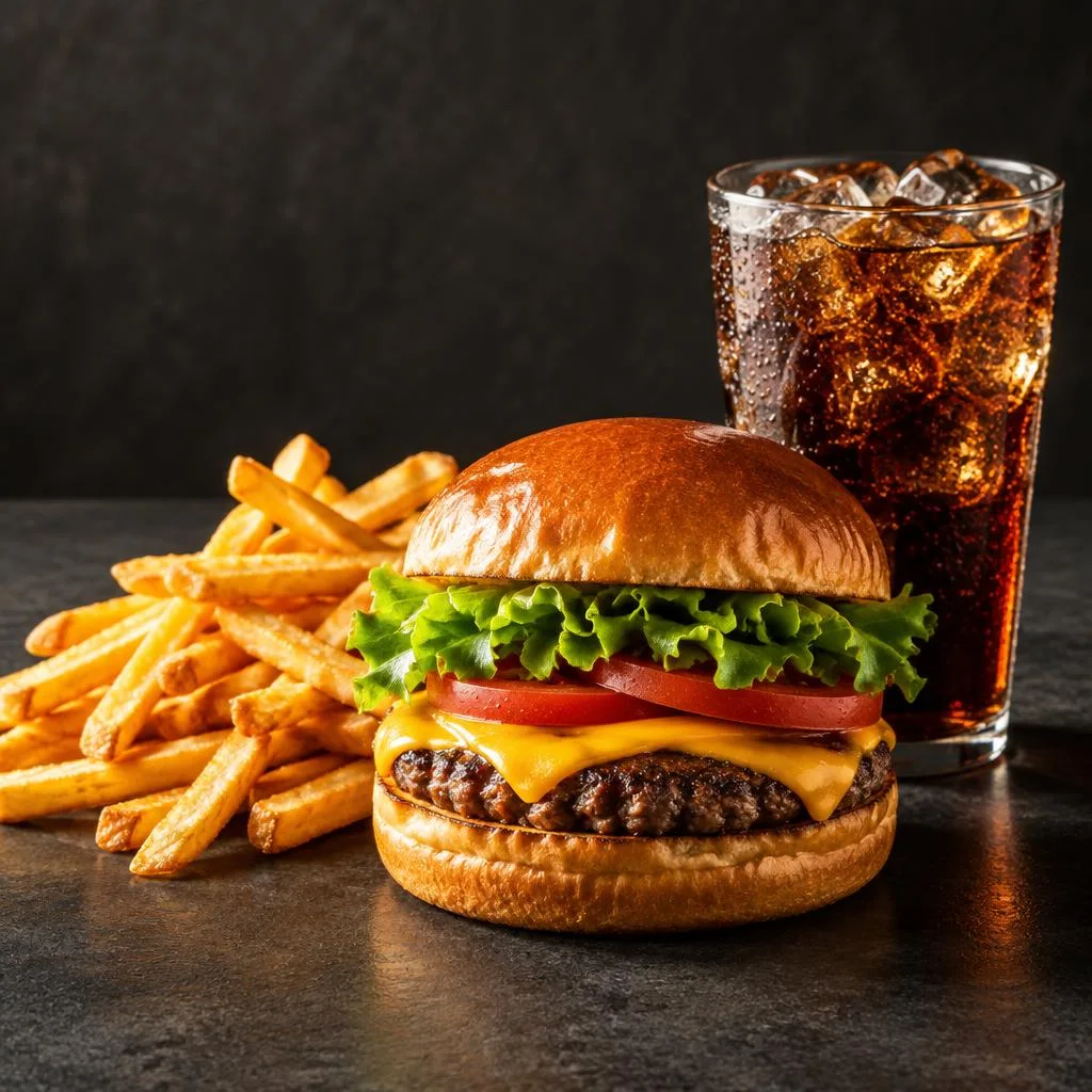 Combo de hamburguesa, papas y refresco · fotografía ilustrativa