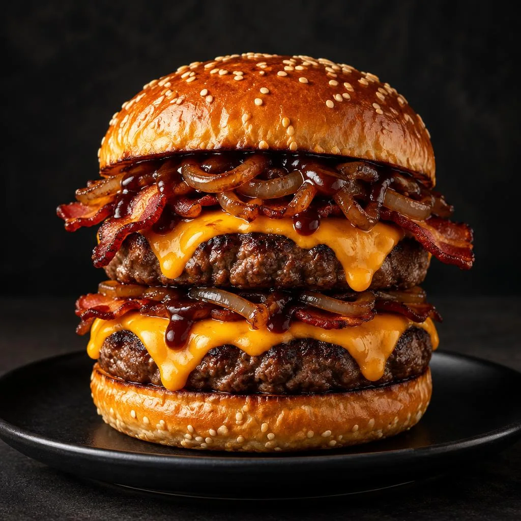 Detalle de queso derretido en hamburguesa doble · fotografía ilustrativa