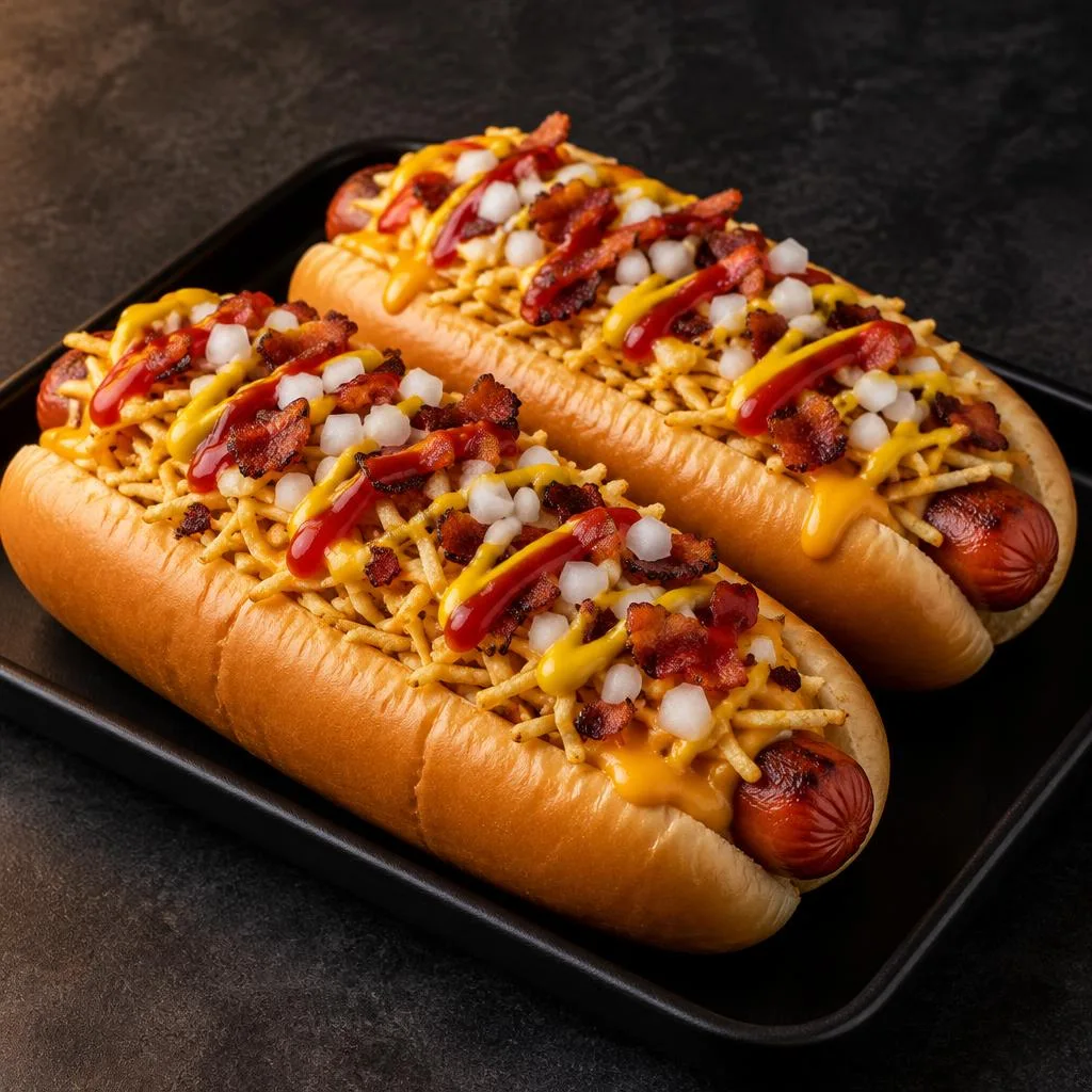 Perros calientes con toppings · fotografía ilustrativa